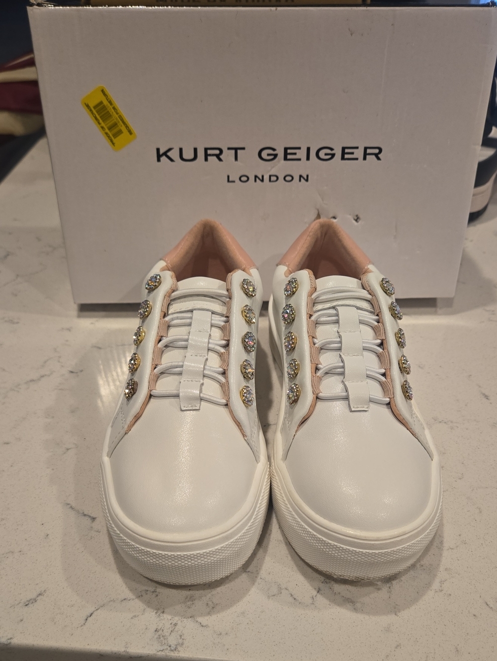 Kurt Geiger White Crystal-Accented Women’s Sneakers with Pink Lining